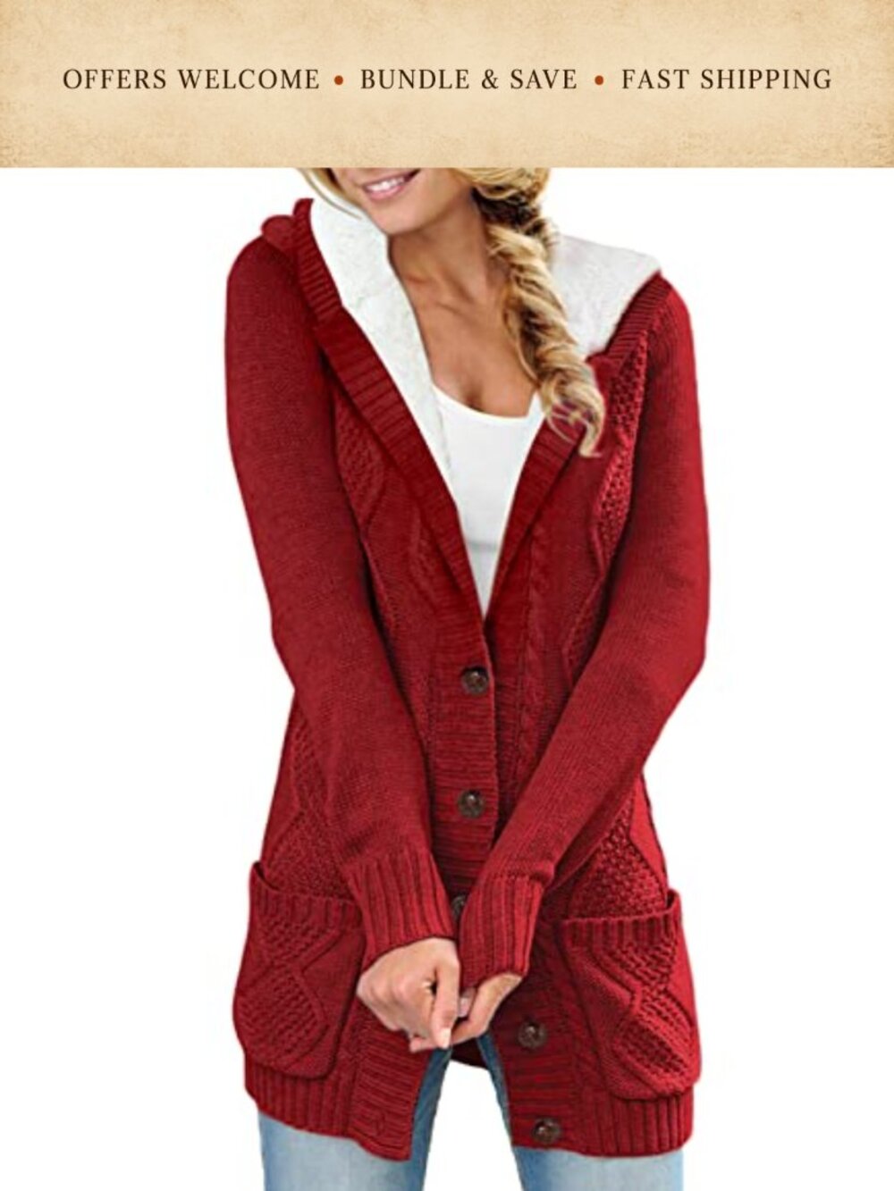 Women Hooded Button Down Chunky Knit Cardigan Long Sleeve Acrylic Sweater
